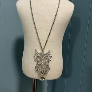 BIG BOHO SILVERTONE WIZE OLD OWL NECKLACE ! VINTAGE !